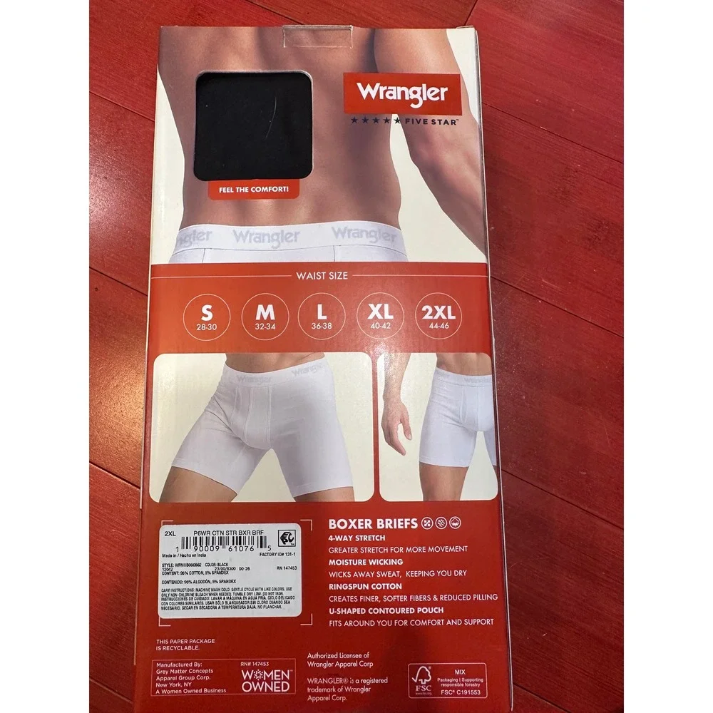 Wrangler Five Star Mens 6 Pack Cotton Stretch Boxer Briefs Black 2XL 44-46 NEW